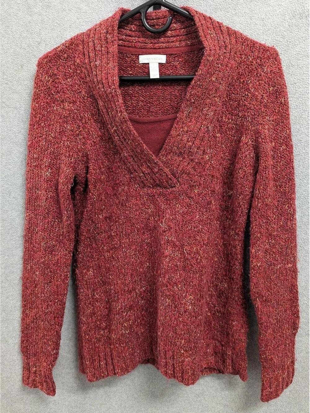 Charter Club Red Sweater V-neck Long Sleeve with faux undershirt in the V